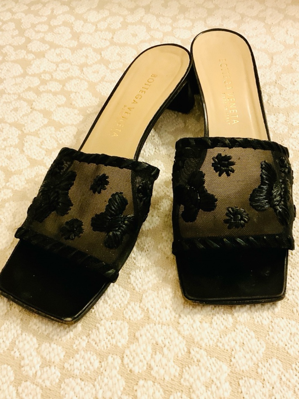Bottega Veneta Black Mesh & Embroidered Mules
